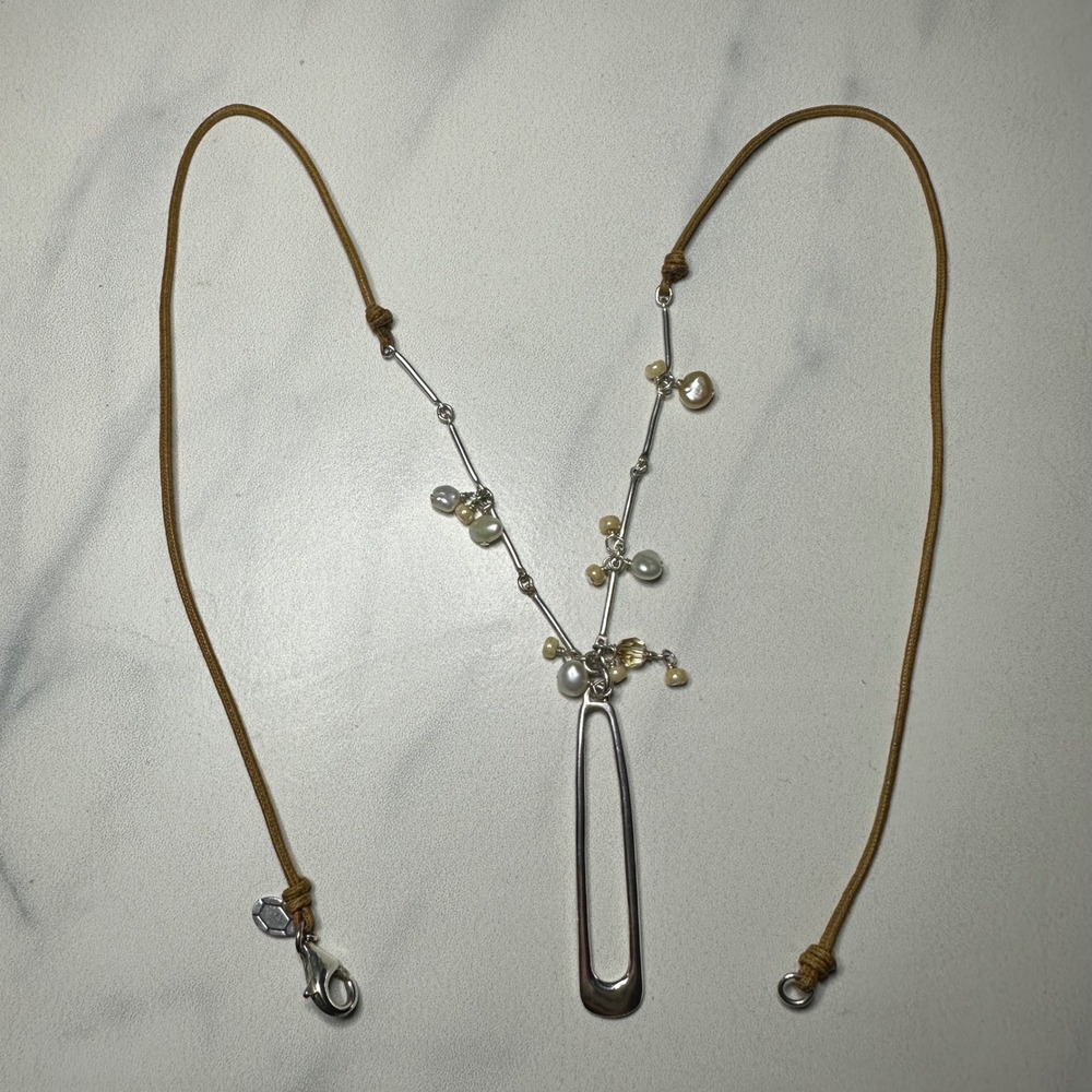 SILPADA Y2K Silver Pendant Necklace with Pearls and Brown Cord 20"